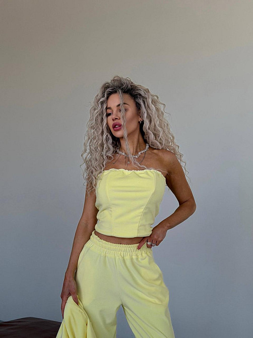 Жіночий велюровий костюм-трійка: кофта корсет і штани Лимонний, 48/52 Одеса - фото 9