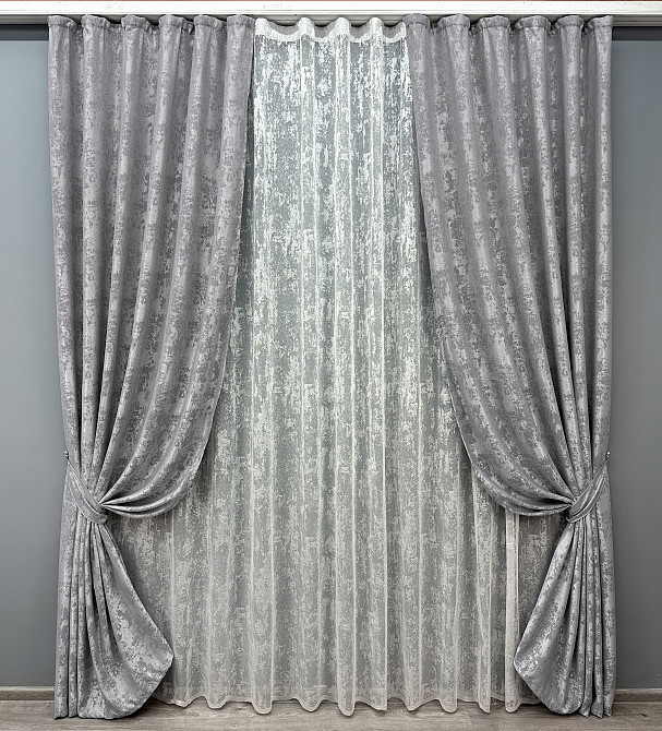 Комплект штор VR-Textil Жакард Мармур 200х270 2шт і Тюль 600х270 1668ш-1400т Сірий з білим 71-001/7 Київ - фото 1