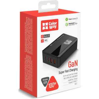 Зарядное устройство ColorWay Power Delivery GaN (2USB-A + 2USB TYPE-C) (100W) black (CW-CHS041PD-BK) Винница