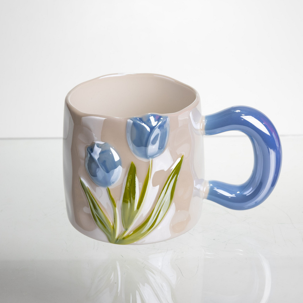 Новорічна порцелянова чашка для чаю та кави "Ніжний Тюльпан" з 3D-декором 400 мл,святкова кружка чашка на подарунок Блакитний Київ - фото 2