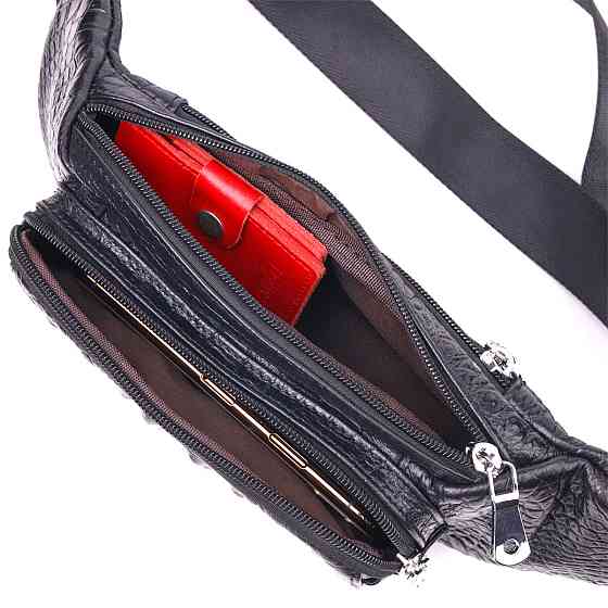 Стильна поясна сумка з натуральної шкіри з фактурою під крокодила 21297 Vintage Чорна Київ