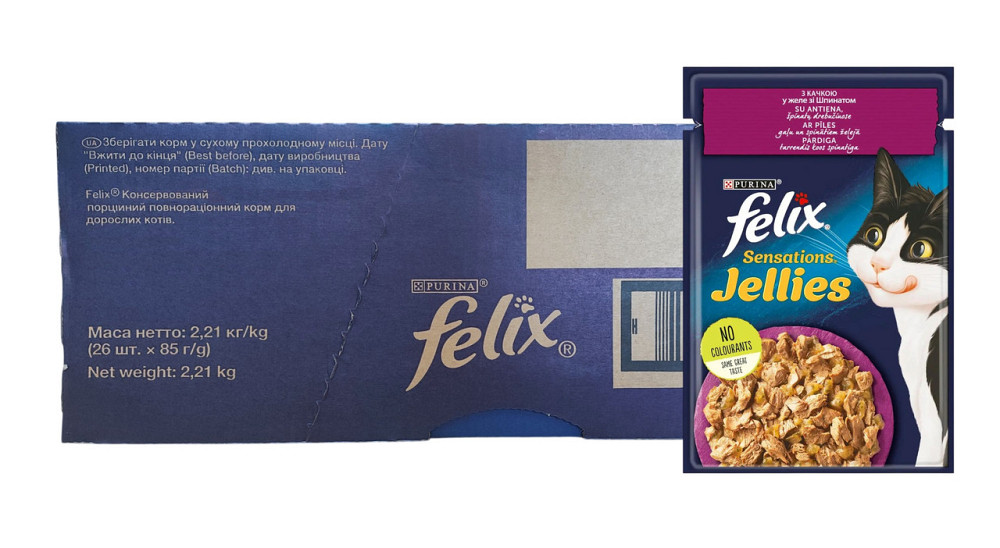 Влажный корм Феликс Felix Sensations Jellies для кошек кусочки с уткой и шпинатом в желе (блок 26 шт × 85 г) Винница - изображение 1