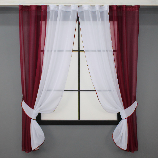 Кухонные шторы VR-Textil № 017к комбинированные с подвязками бордовый с белым 265х170 см (50-007) Киев - изображение 1