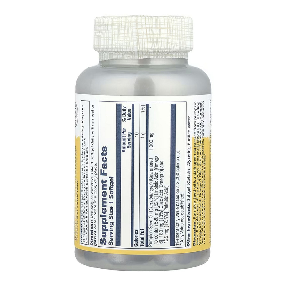 Тыквенное масло Solaray Pumpkin Seed Oil 1000mg 90 гел капс Киев - изображение 2