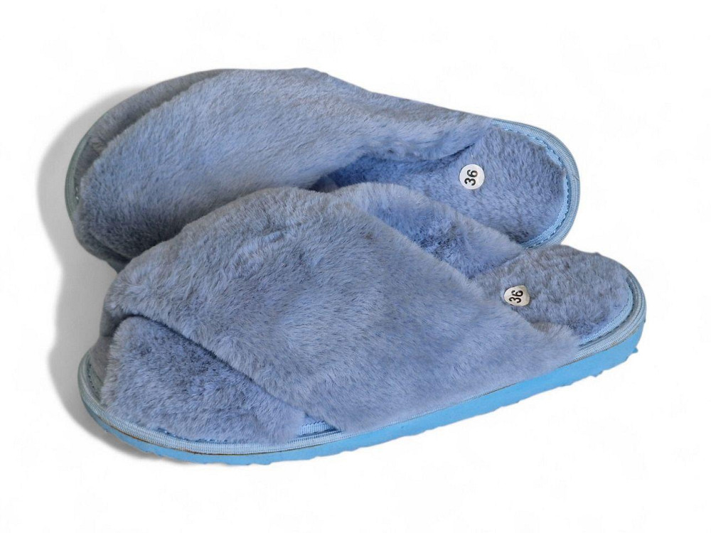 Женские тапочки открытые накрест меховые, паго, голубой Одесса - изображение 5