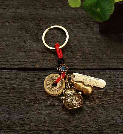 Брелок кот удачи с монетами и тыквой, металлический талисман Feng Shui для ключей Киев