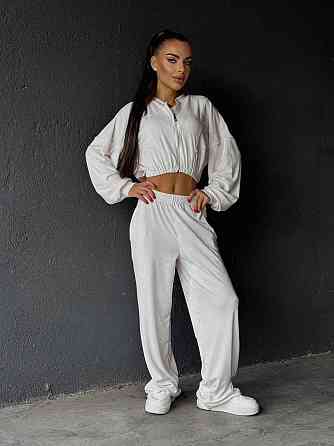 Женский прогулочный костюм двойка: кофта и штаны велюр мрамор Молочно-серый, 42/44 Одесса