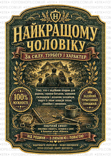 Етикетка на пляшку “Найкращому чоловіку” + контретикетка | подарункова наліпка на вино, віскі | від родини з повагою Одеса - фото 1