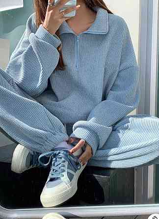 Жіночий базовий прогулянковий костюм-двійка: кофта та штани вельвет вафелька Блакитний, 42/46 Одеса