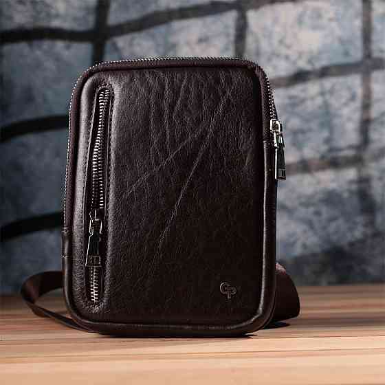 Мужская прямоугольная сумка бананка из гладкой натуральной кожи GRANDE PELLE 22880 Коричневый Киев