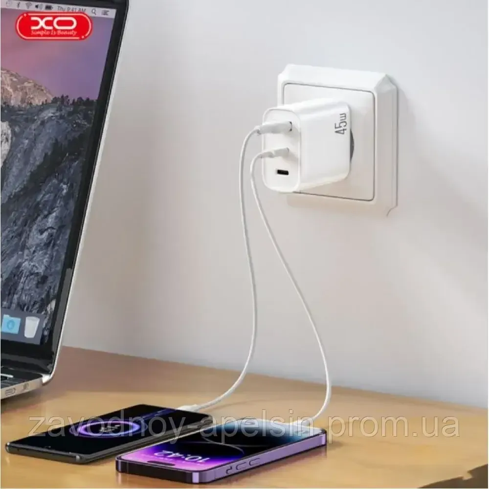 Мережевий адаптер Блок PD45W/QC18W 2USB-C+1USB-A (XO) Одеса - фото 2