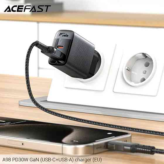 Мережевий зарядний пристрій ACEFAST A98 PD30W GaN (USB-C+USB-A) charger Black (6974316283263) Київ