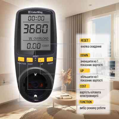 Ваттметр ColorWay цифровий 16A/3680W, black (CW-VM16-02D) Винница