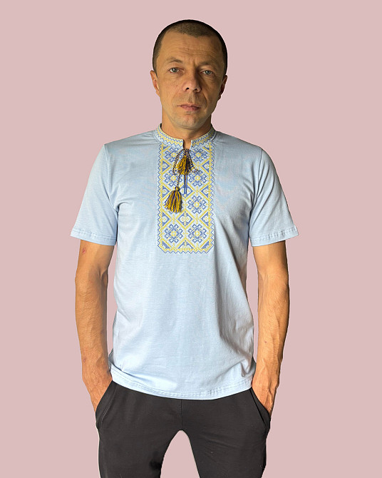 Чоловіча футболка вишиванка блакитна з блакитно-жовтим орнаментом 4XL Київ - фото 1
