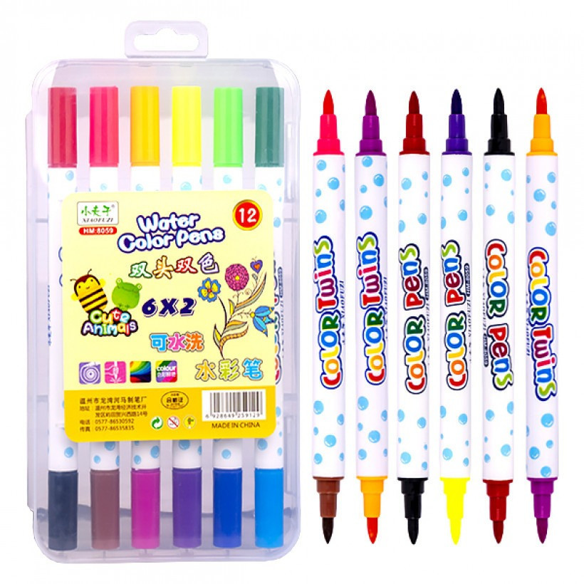 Набор двухцветных фломастеров 6 штук 12 цветов 8059-12 в пластиковом боксе Винница - изображение 1