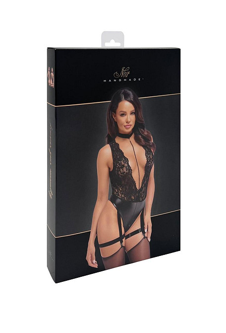Боді Noir Handmade F297 Libido, M, чорне, мереживо, низ під латекс, відкритий доступ, гартери Sex Aura Київ - фото 6