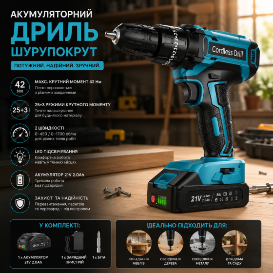 Акумуляторний ударний дриль-шурупокрут MHPRO 21V 2x2.0Ah 42Nm (2 швидкості, 25+3) Електричний шуруповерт Київ