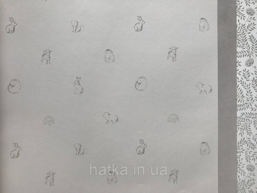 Шпалери флізелінові дитячі Lutece Tartine et Chocolat біла основа сірі мишки їжачки баранці зайчики Київ - фото 4