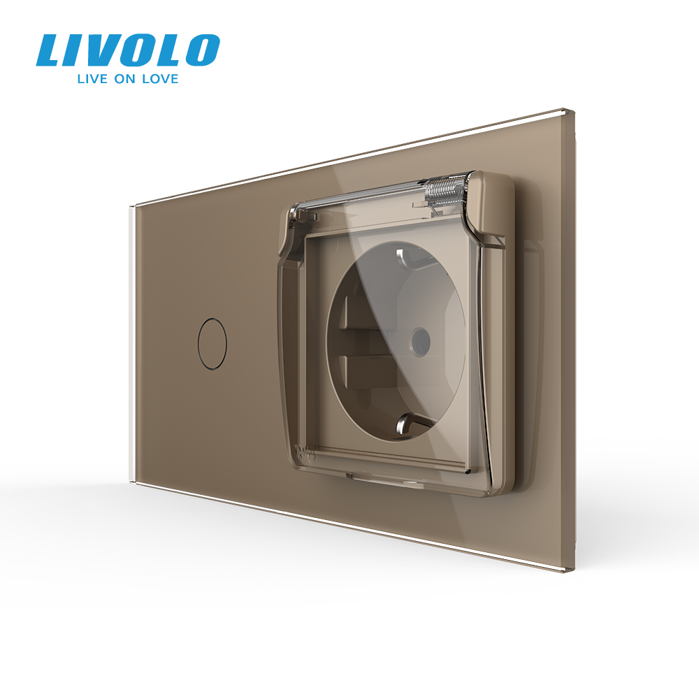 Сенсорний вимикач + розетка вологозахисна з кришкою IP44, з заземленням, золота скляна рамка, шторки, LIVOLO (VL-C701/C7C1EUWF-13) Коломыя - изображение 5