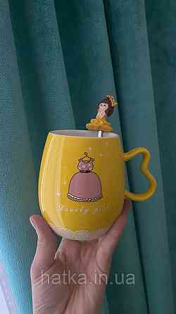 Кухоль чашка дитяча кераміка з кришкою і ложкою Olens "Принцеса" 360 мл жовтий Київ