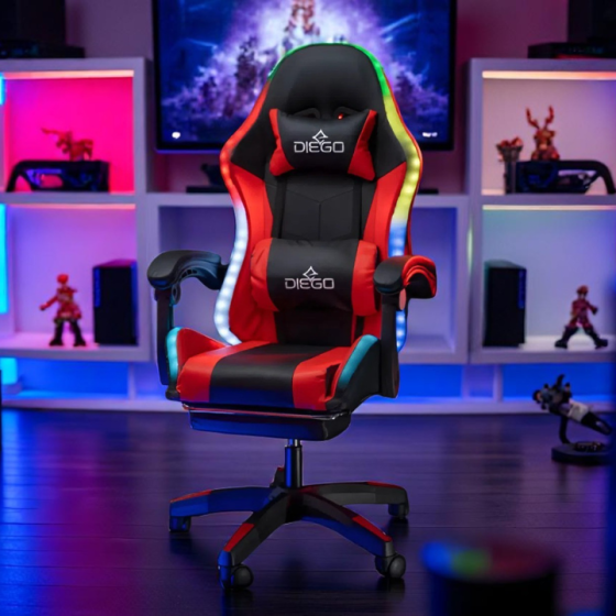 Игровое кресло DIEGO с подставкой для ног, массажем и LED-подсветкой – Черно-красное, выдерживает до 150 кг Львов