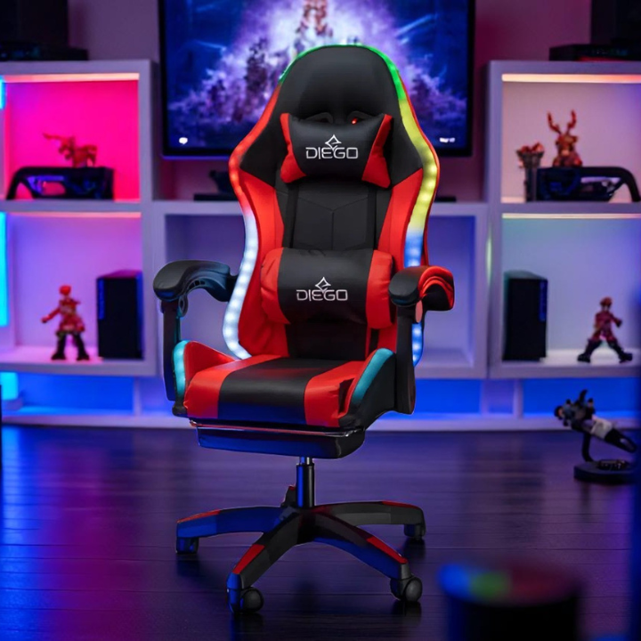 Геймерське крісло DIEGO з підставкою для ніг, масажем та LED-підсвіткою – Чорно-червоне, витримує до 150 кг Львів - фото 4