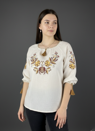 Лляна вишиванка з Петриківським орнаментом в коричневих тонах Київ