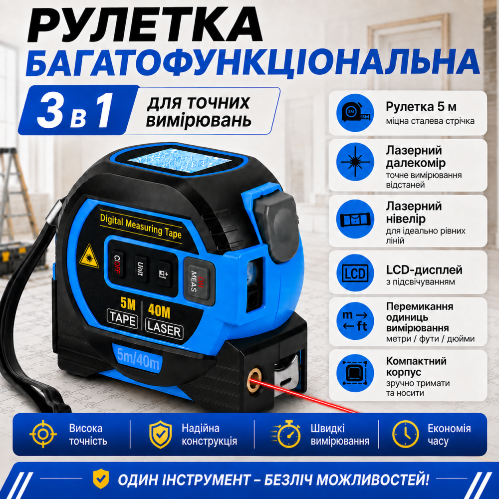 Рулетка 3в1 лазерная 40м, измерительная 5м, нивелир 90° с метрической и дюймовой системой с дисплеем,mod.D13336 Каменец-Подольский - изображение 10