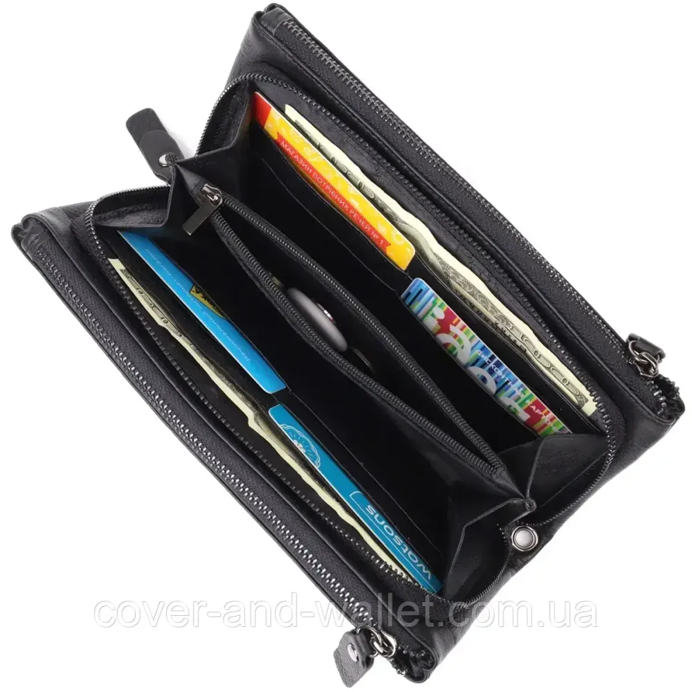 Чорний шкіряний гаманець-клатч на три відділення з ремінцем на зап'ясті ST Leather Київ - фото 6