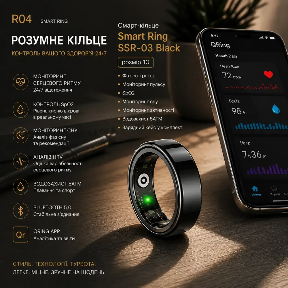 Смарт-кільце Smart Ring SSR-03 Black розмір 11, фітнес трекер, пульс, SpO2, сон, 5ATM, зарядний кейс Київ - фото 12