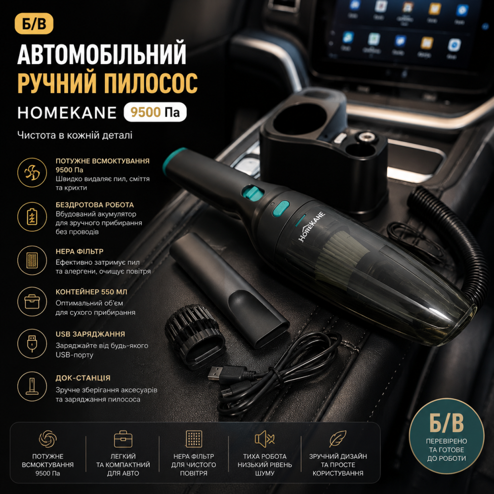 Б/в Автомобільний ручний пилосос HOMEKANE 9500 Па | Бездротовий, зарядна док-станція, HEPA, контейнер 550 мл, USB Київ - фото 9