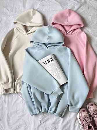 Жіноча тепла оверсайз худі з куліскою турецька тринитка пеньє бавовна Блакитна Одеса