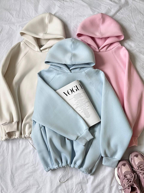 Жіноча тепла оверсайз худі з куліскою турецька тринитка пеньє бавовна Блакитна Одеса - фото 3