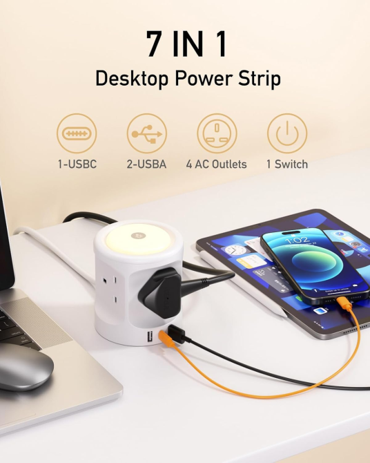 Подовжувач на 4 розетки з USB-A та USB-C, нічником, вимикачем, кабель 2 м, 3250 Вт, білий Київ - фото 3