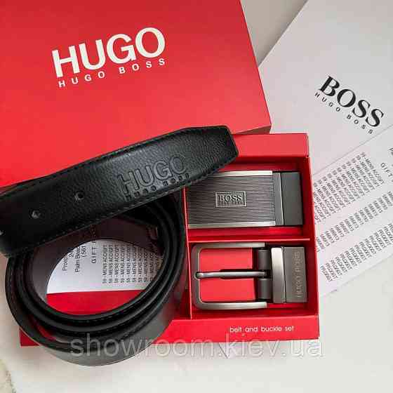 Чоловічий шкіряний ремінь із двома пряжками, подарункове паковання (218) Київ