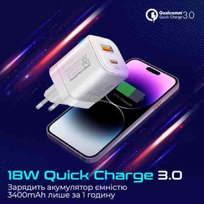 Зарядний пристрій Promate USBC PD25W + USBA QC3.0 18W White (powerport-25ac.white) Вінниця