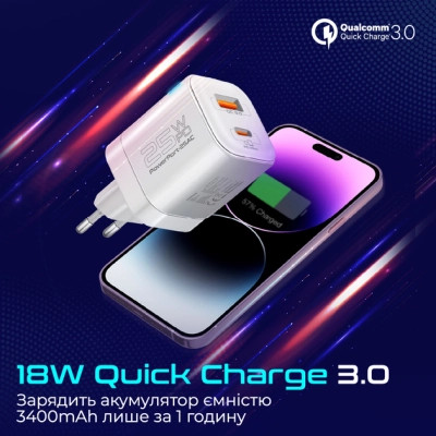 Зарядное устройство Promate USBC PD25W + USBA QC3.0 18W White (powerport-25ac.white) Винница - изображение 5
