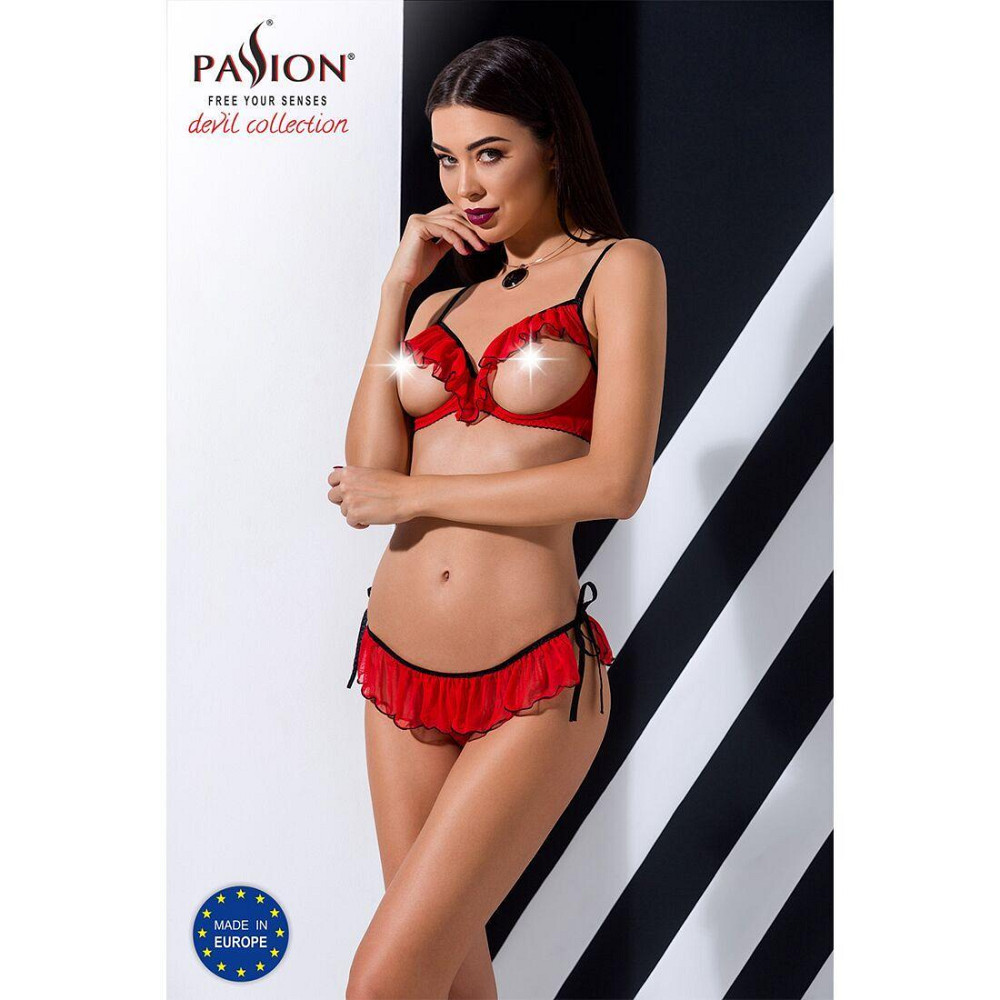 Комплект білизни Passion Exclusive CHERRY SET OpenBra S/M, red, відкритий ліф, трусики-спідничка Sex Aura Київ - фото 3