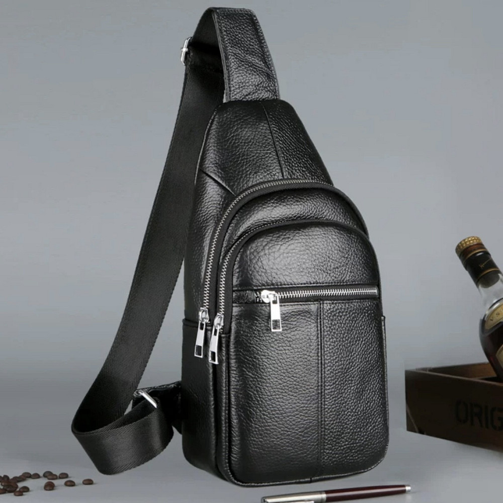 Чоловіча сумка-слінг із натуральної шкіри на одне плече чорна TIDING BAG Київ - фото 10