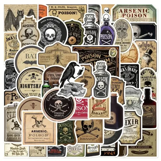 Набір вінтажних наліпок «Етикетки отрути», 50 шт, вініл, \~5,5 см Київ