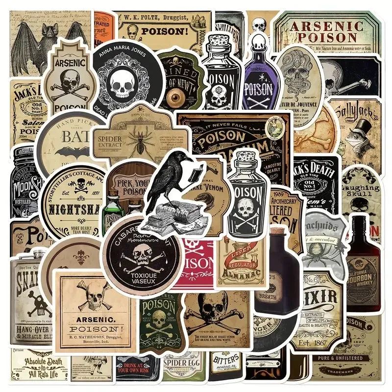 Набор винтажных наклеек «Этикетки яда», 50 шт, винил, \~5,5 см Киев - изображение 1