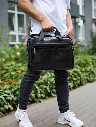 Кожаная мужская сумка-портфель 38х28х8, сумочка для работы и ежедневных дел, мужской шопер, черная Киев