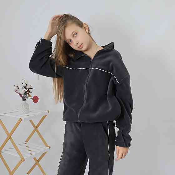 Дитячий флісовий теплий костюм на зиму (толстовка на затяжках + штани з кантом) Графіт 122 Кам'янець-Подільський