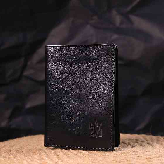 Обкладинка з глянсової шкіри на військовий квиток Тризуб Чорна (GRANDE PELLE) Київ