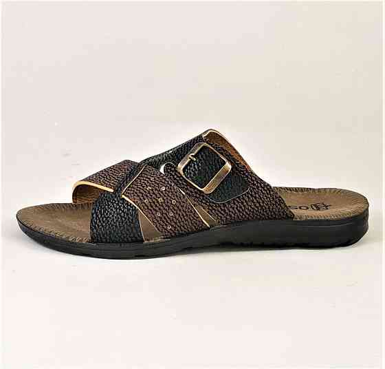 Мужские Шлёпанцы Тапочки Сланцы Чёрные с Коричневым Кожаные (размеры: 41,42,43,44) Днепр