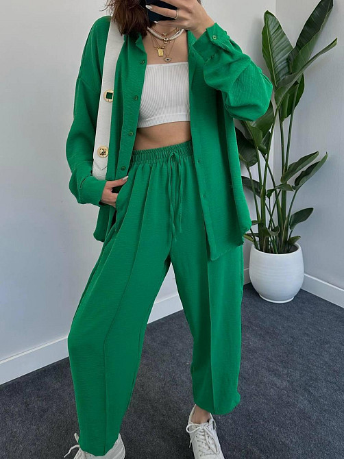 Женский легкий брючный костюм двойка: рубашка и брюки американский креп Зелёный, 42/44 Одесса - изображение 4