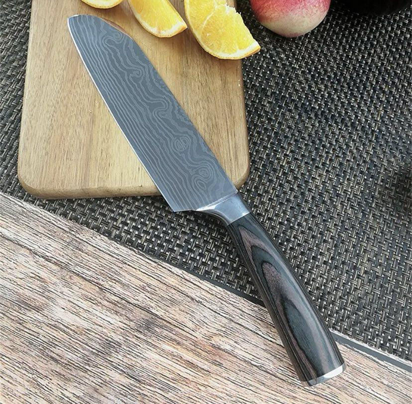 Кухонный нож Santoku для дома, нож для кемпинга и природы, 27,8 см, углеродистая сталь, коричневый Киев - изображение 3