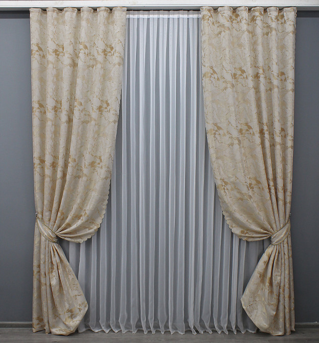 Комплект готовых штор VR-Textil Жаккард Мрамор Al3 № 1595ш Айвори с бежевым 145х270 см 2 шт (33-0459) Киев - изображение 2