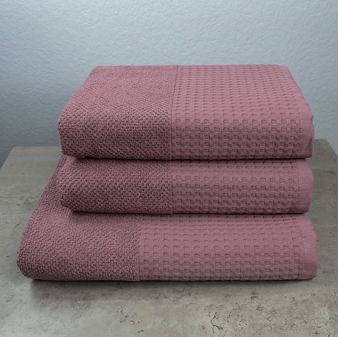Комплект махрових рушників Вафельний Бордюр 3шт GM Textile 50х90см, 50х90см, 70х140см 500г/м2 (Виног Суми - фото 1