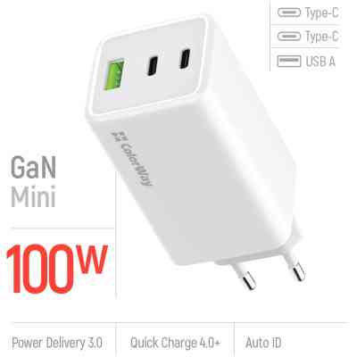 Зарядное устройство ColorWay C101B GaN Mini 100W PD PPS 2xUSB-C + USB-A white (CW-CHS061PD-WT) Винница